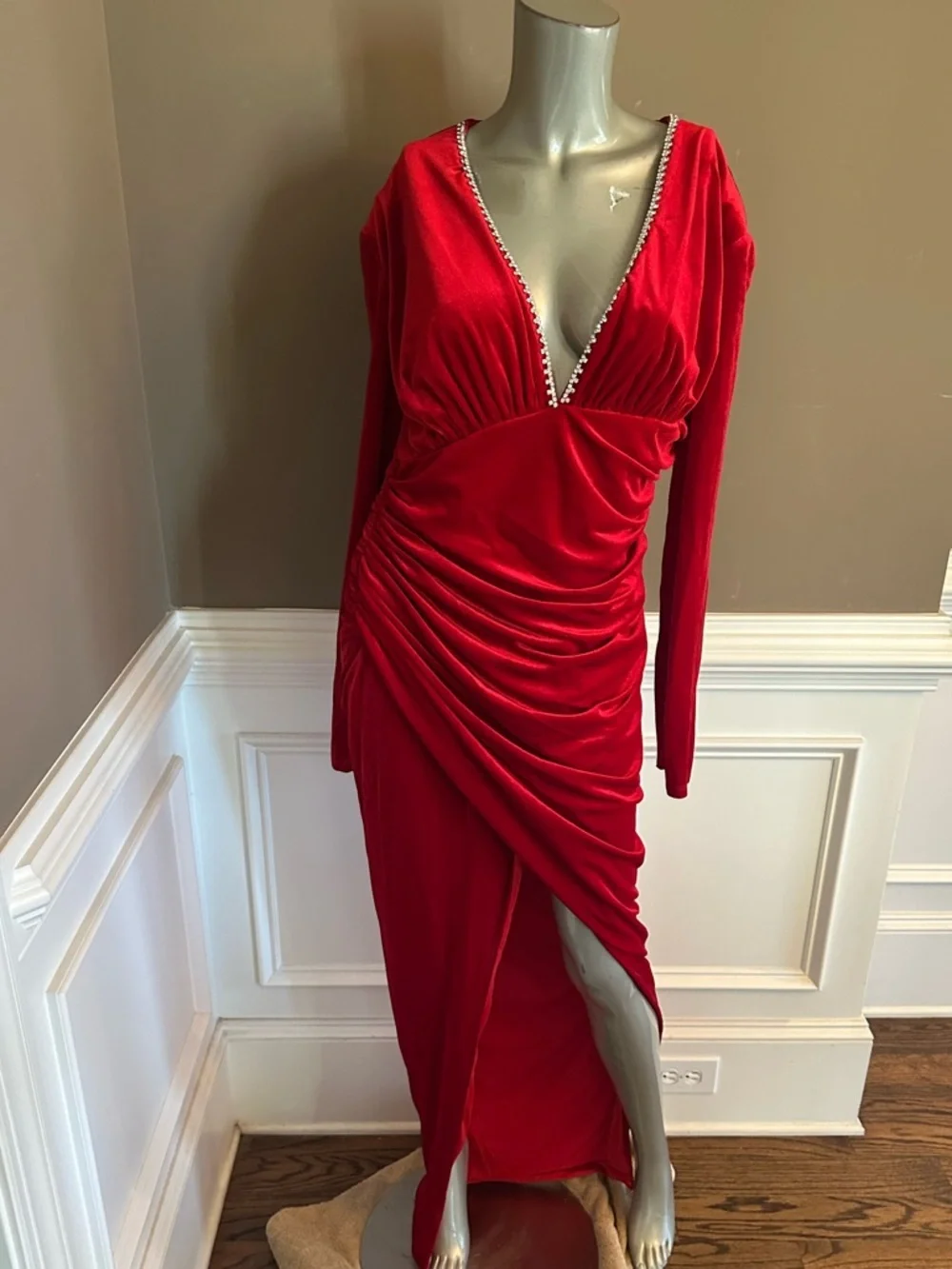NWT FASHION NOVA Red Velvet Runched Maxi Rhinestone Trim Sz XL